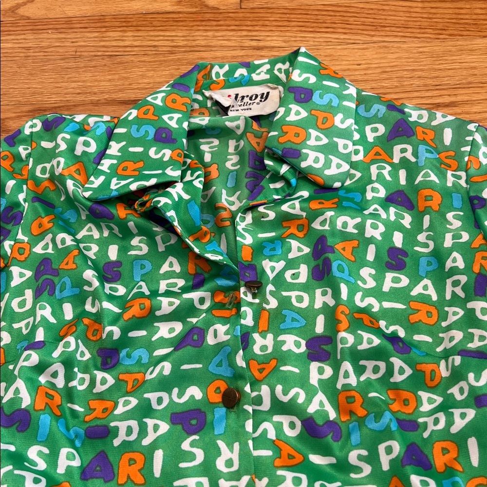 Vintage Green, Purple, Orange, Blue Vibrant PARIS letter patterned Shirt Dress - Picture 3 of 11